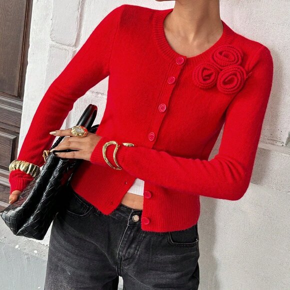 Sweaters - Red Casual Women's Elegant Floral Decor Button-Up Cardigan